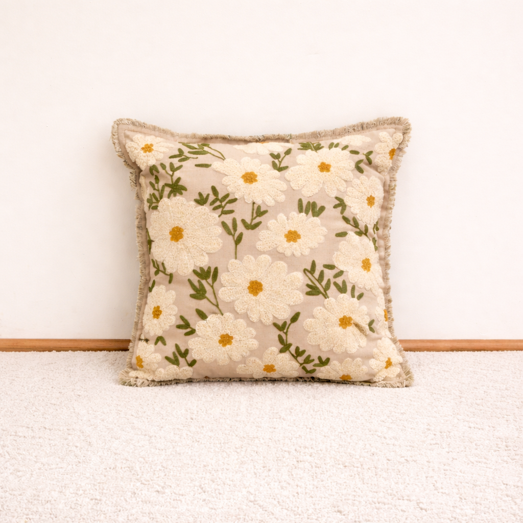 Geborduurd katoenen kussen - Flora Daisy Design - 45 x 45 cm