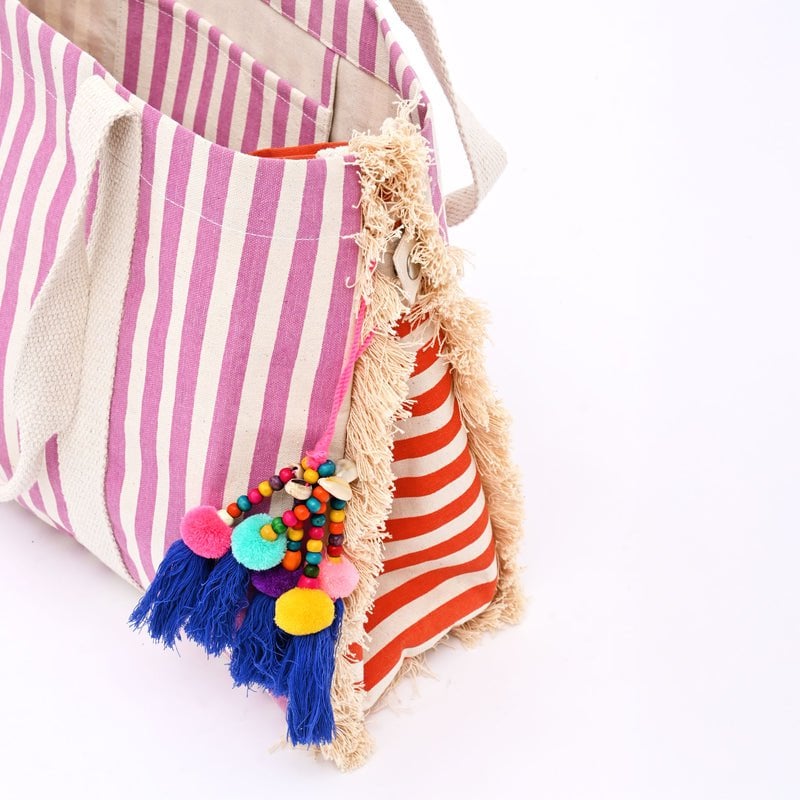 Tote Bag - Boho Gestreepte Canvas Strandtas – Grote Milieuvriendelijke Herbruikbare (54 x 18 x 34 cm)