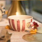 Handgemaakte steengoed mokken met theepot - Gestreept, koraalroze en wit