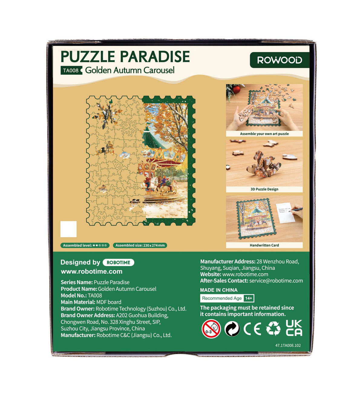 Houten Legpuzzel, Rowood/Robotime, Golden Autumn Carousel, TA008, 23x27,4 cm