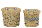 J-Line mand + deksel - ijzer/papier - blauw/naturel - set van 2