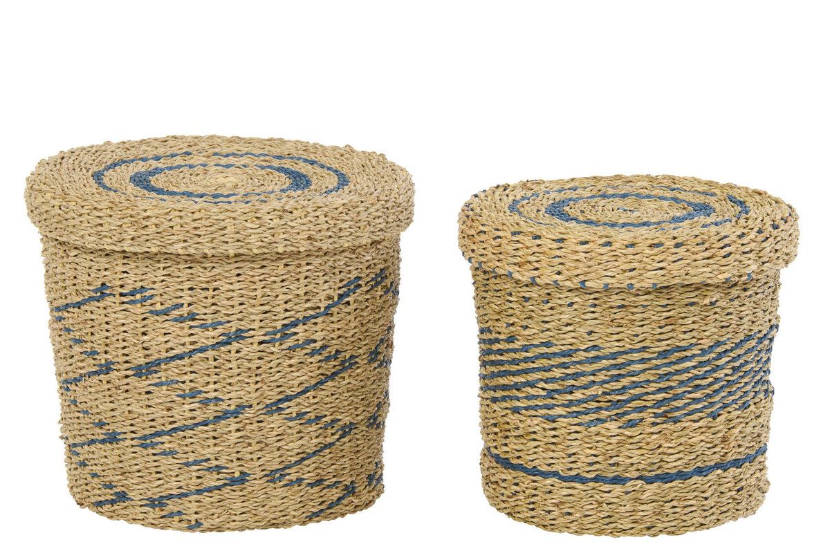 J-Line mand + deksel - ijzer/papier - blauw/naturel - set van 2