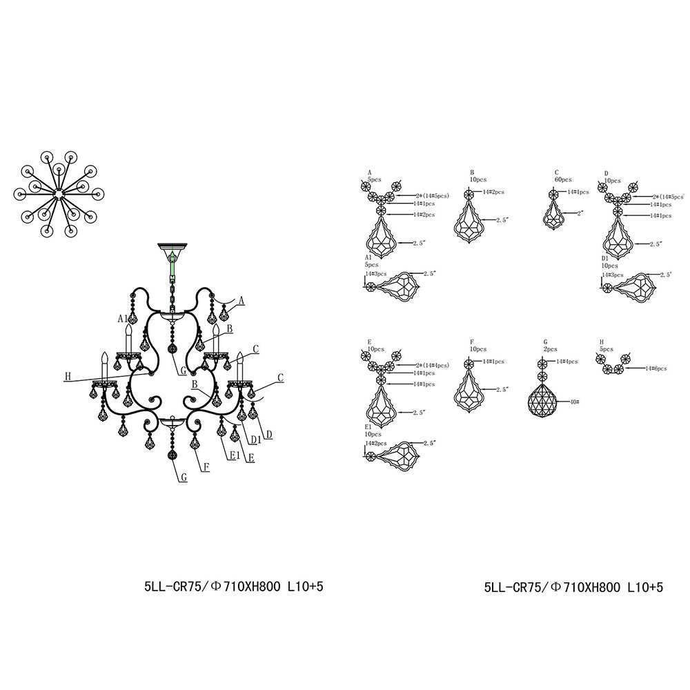 Kroonluchter Ø 71x80 cm Transparant IJzer Hanglamp