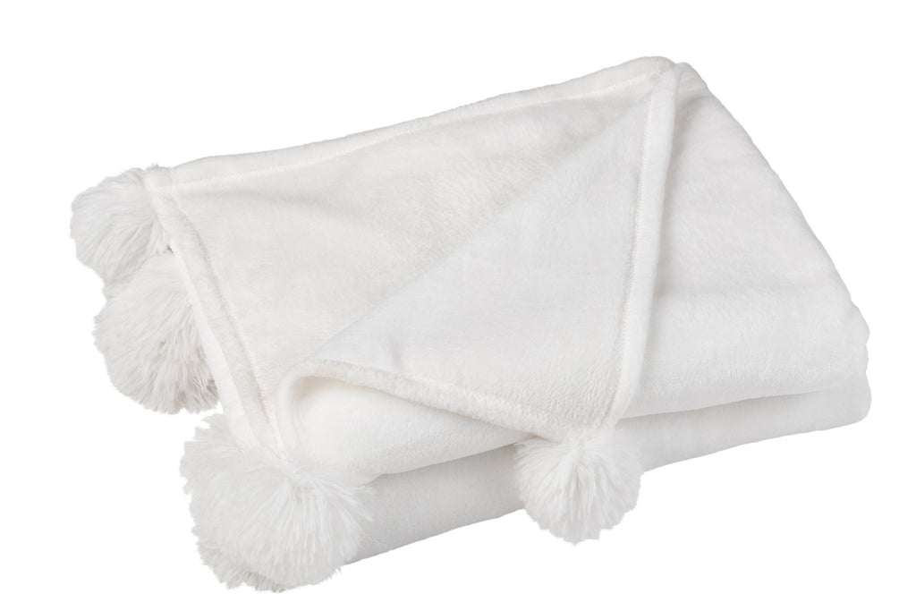 J-Line Plaid Pompon - polyester - wit - 170 x 130 cm