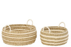 J-Line mand Gestreept - ijzer/papier - wit/naturel - set van 2