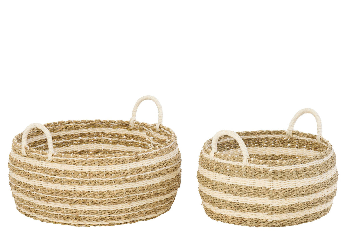 J-Line mand Gestreept - ijzer/papier - wit/naturel - set van 2