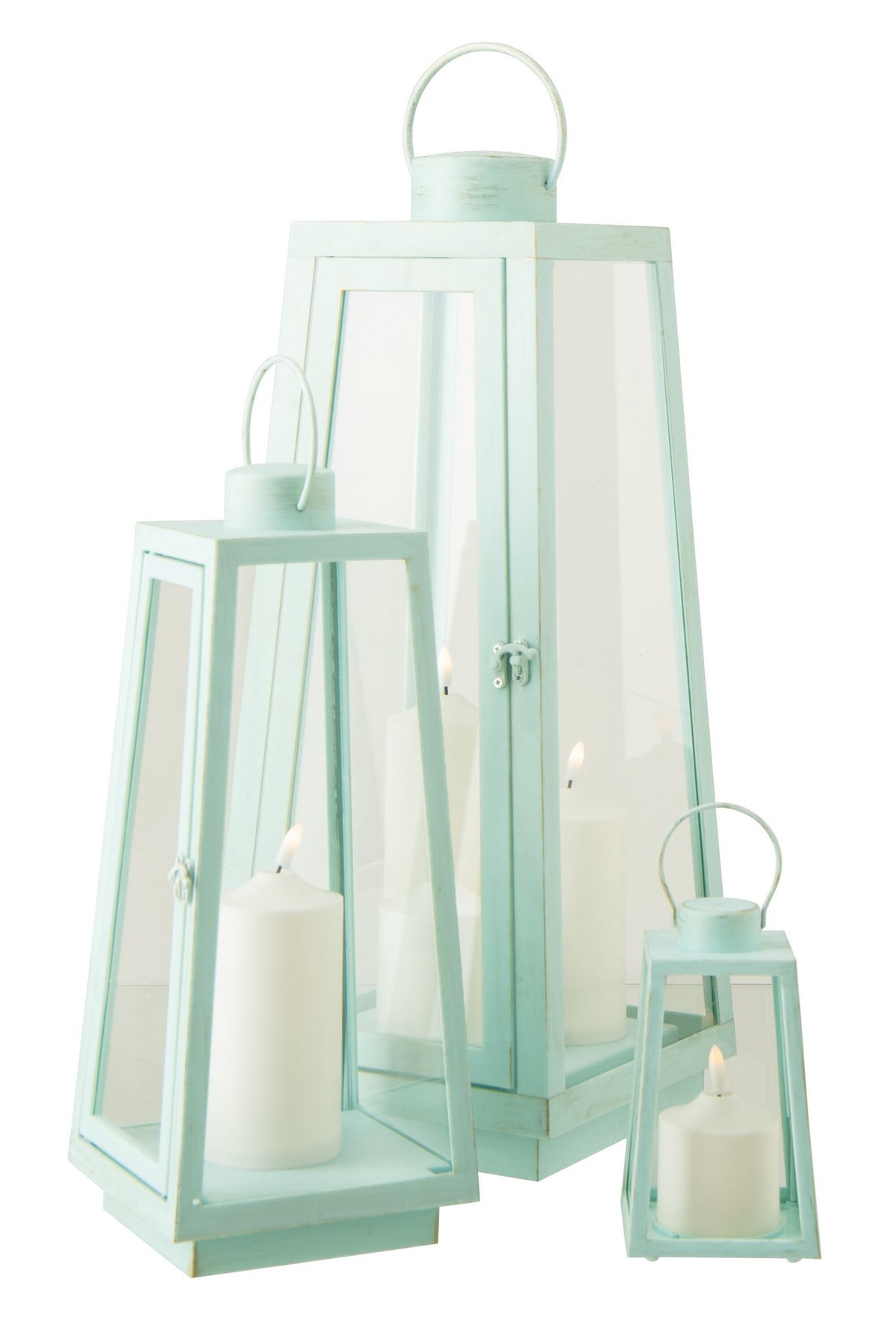 J-Line lantaarn + kaars - glas - turkoois - L - LED lichtjes