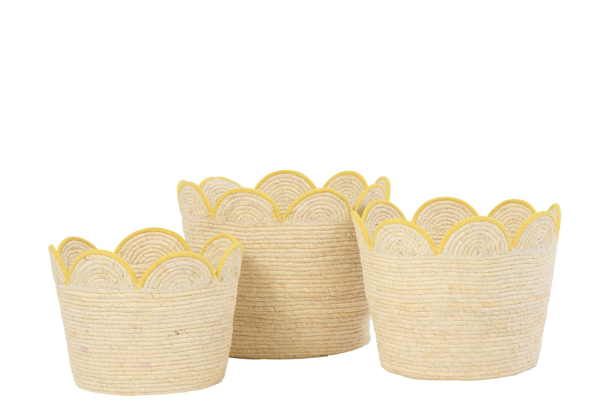 J-Line mand Bloem Maïskaf - riet - naturel/geel - set van 3