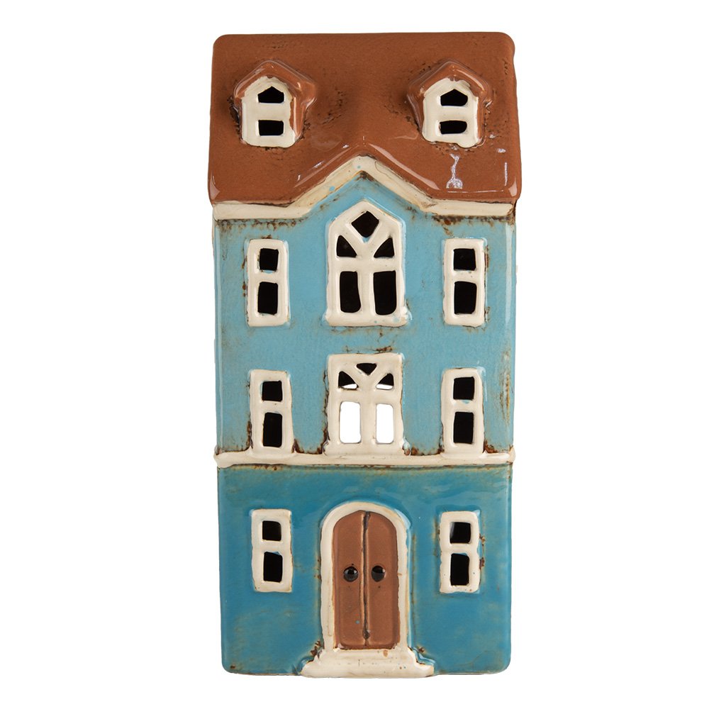 Waxinelichthouder Huis 11x9x22 cm Blauw Bruin Keramiek Theelichthouder