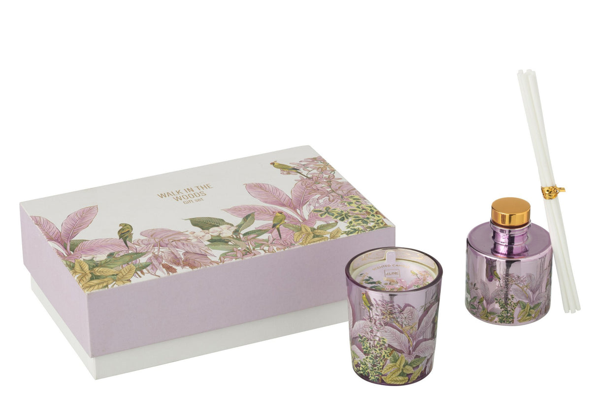 J-Line cadeauset geurkaarsen + geurolie boswandeling - roze