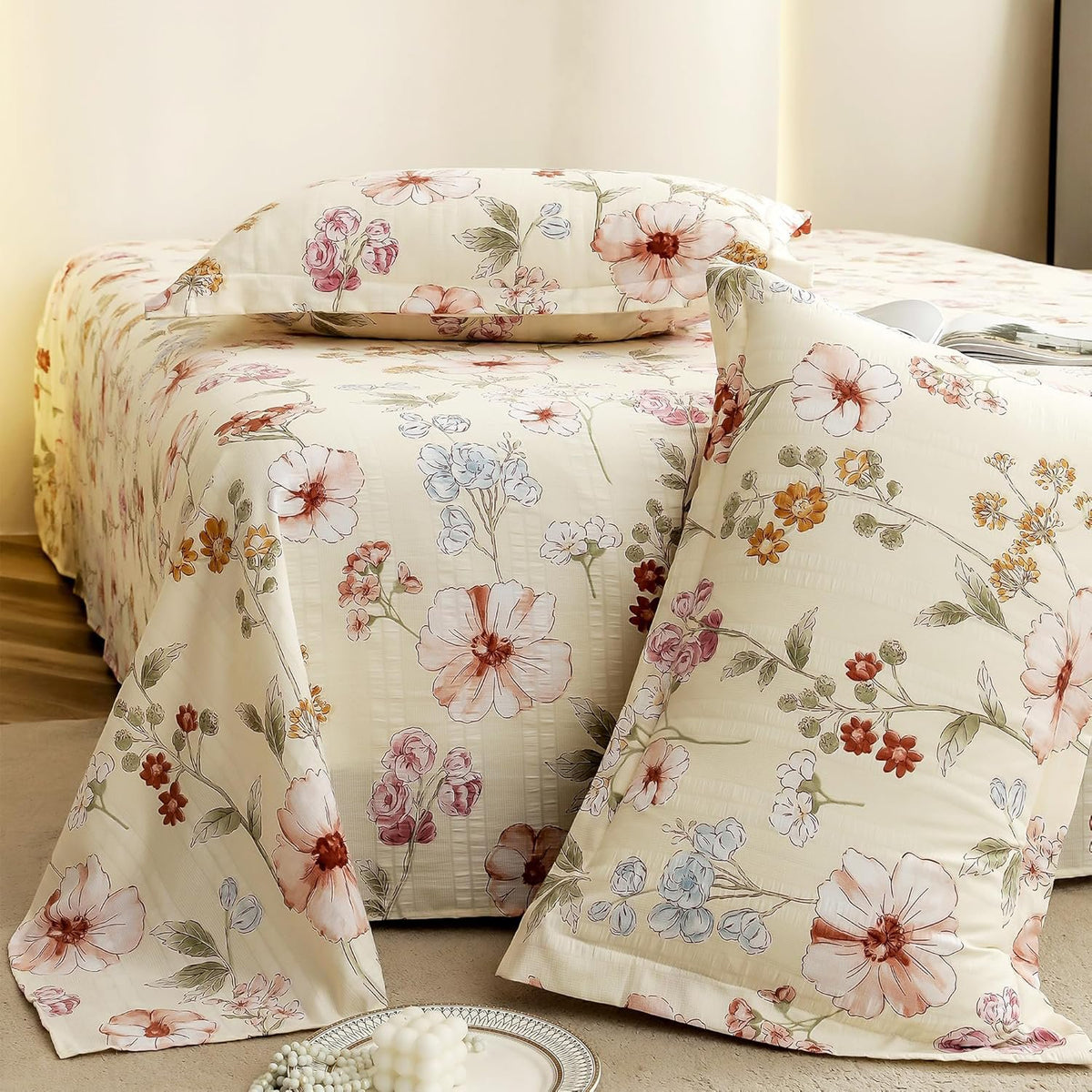 Kingsize laken - Cloud Cotton 300 TC - Bloemenmotief, 2 kussenslopen