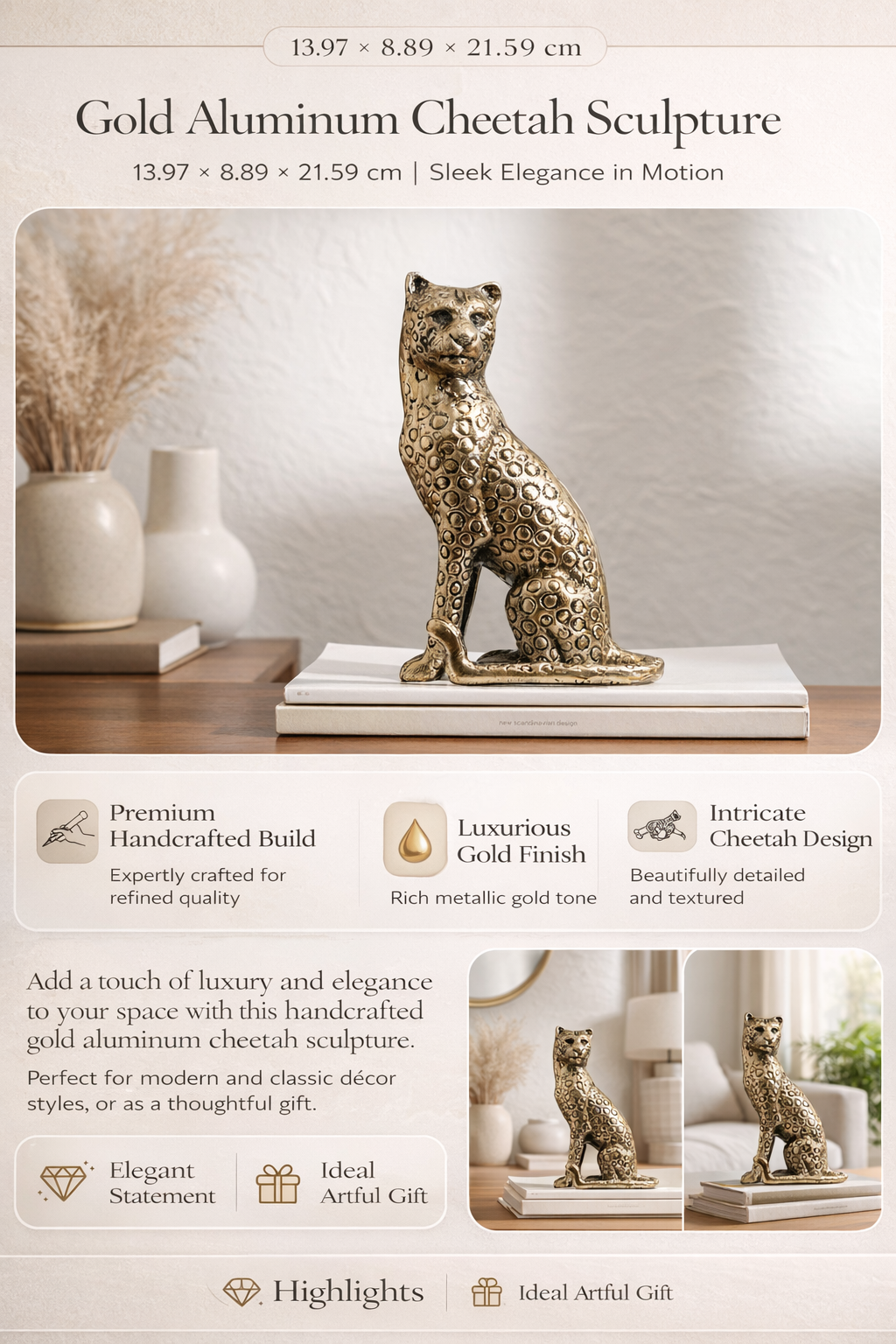 Handgemaakte gouden cheetah-sculptuur – aluminium kunst
