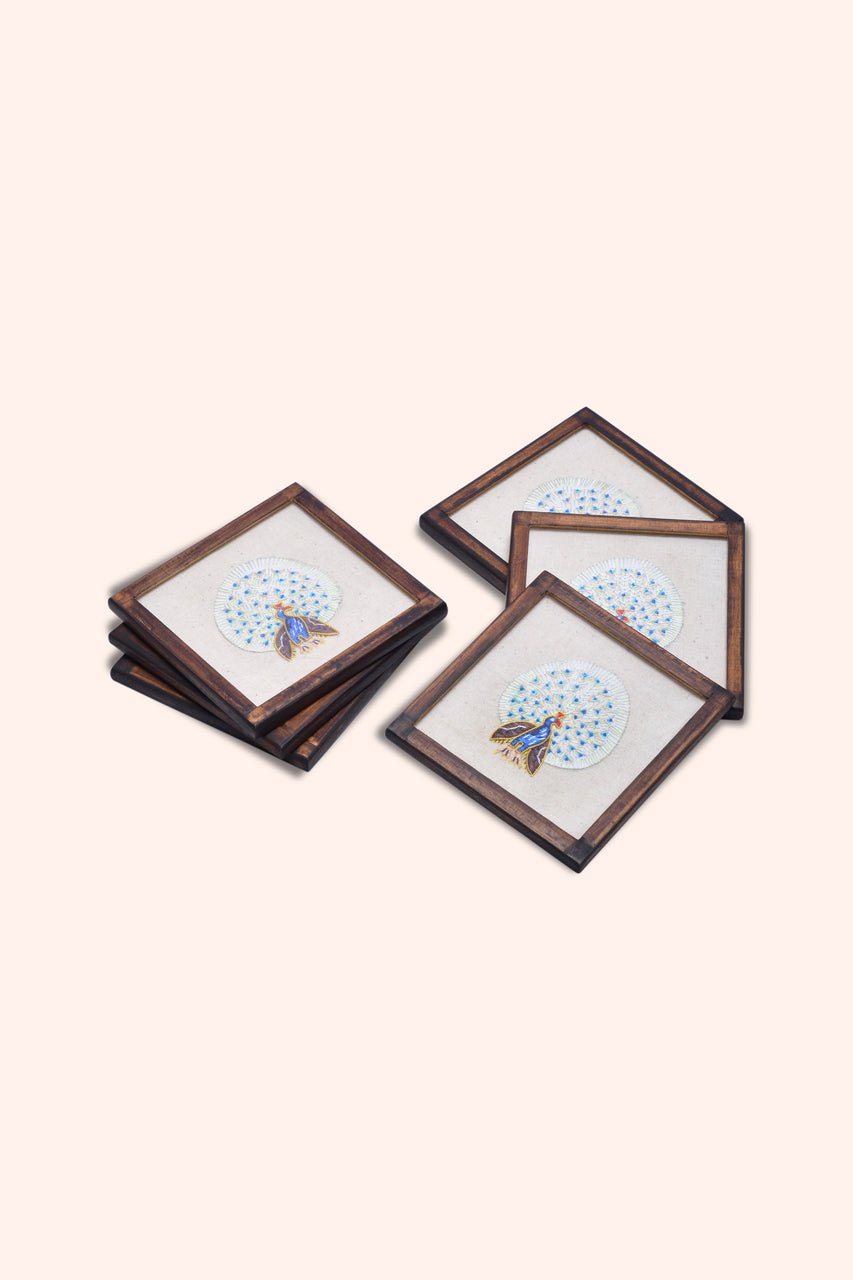 Handgeweven cocktailonderzetters met pauwmotieven - Set van 6