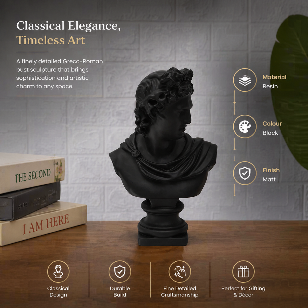 Zwarte Apollo buste sculptuur voor modern interieur