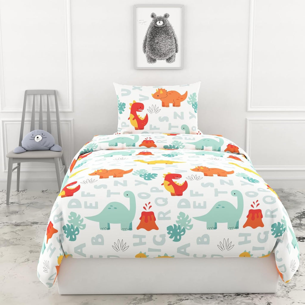 Lakenset voor eenpersoonsbedden - 100% katoen 144TC - Dino-print met alfabet voor kinderen