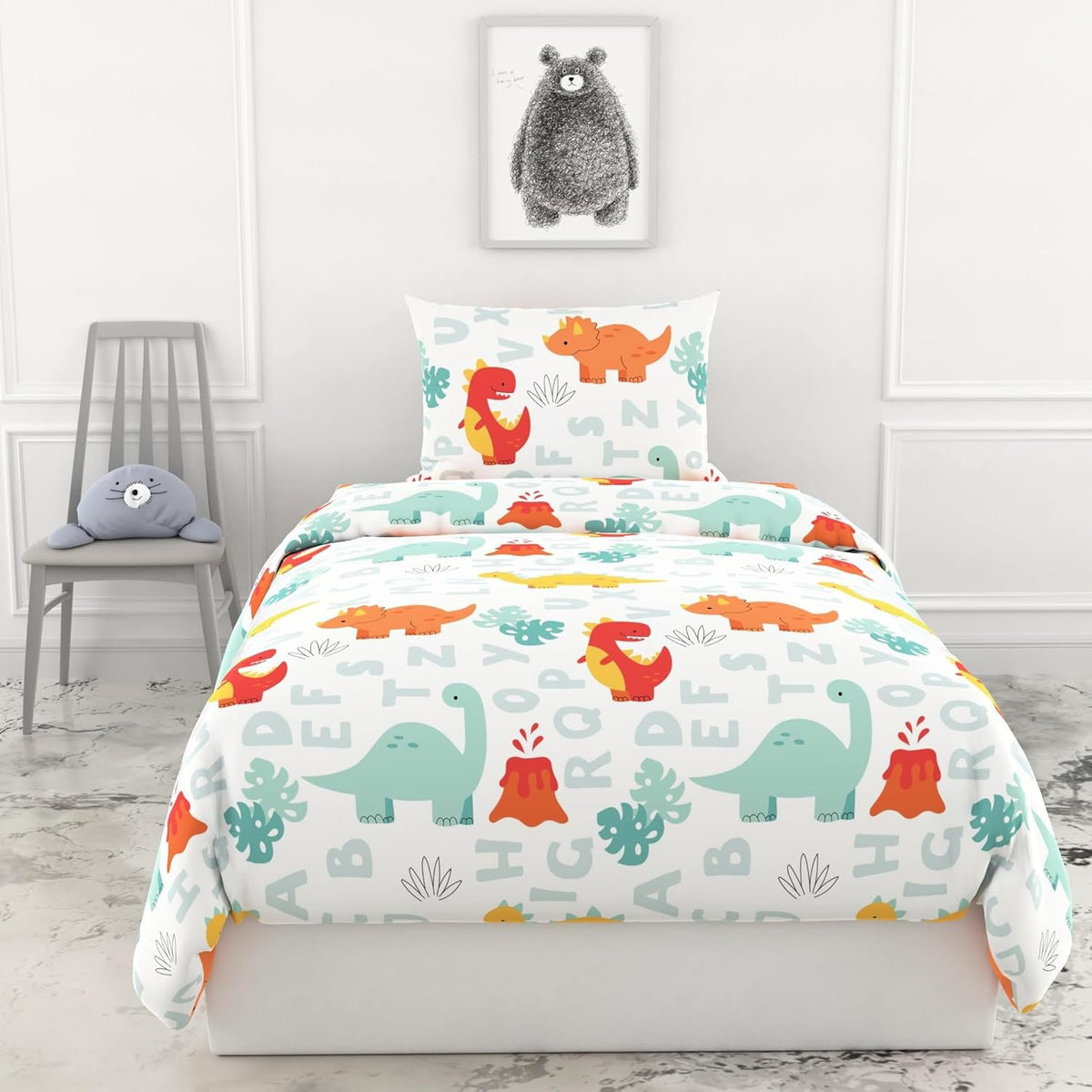 Lakenset voor eenpersoonsbedden - 100% katoen 144TC - Dino-print met alfabet voor kinderen