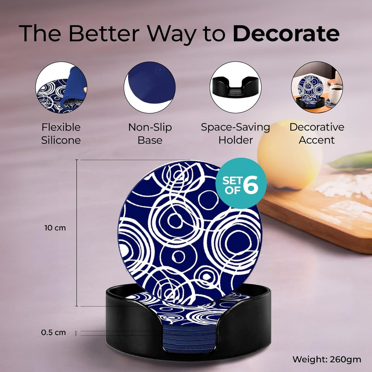 Marinewitte siliconen onderzetter set van 6 (10 cm) met houder | Eettafeldecoratie, koffiemokken, glazen, cadeaus voor vrouwen