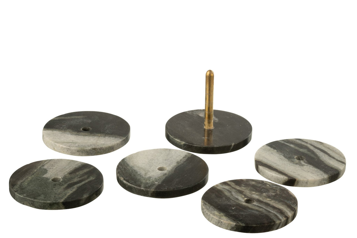 J-Line onderzetter Rond Marmer - steen - zwart/grijs - set van 6