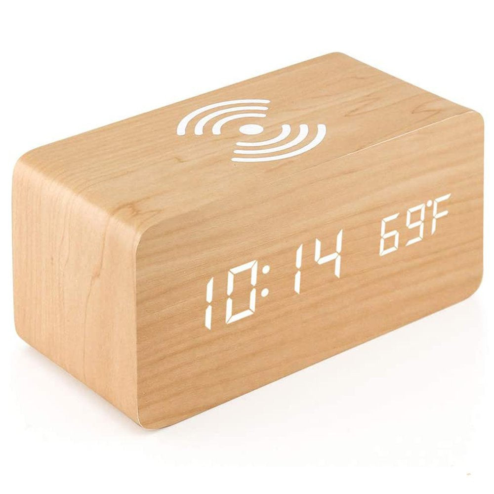 Houten wekker draadloos opladen Beige