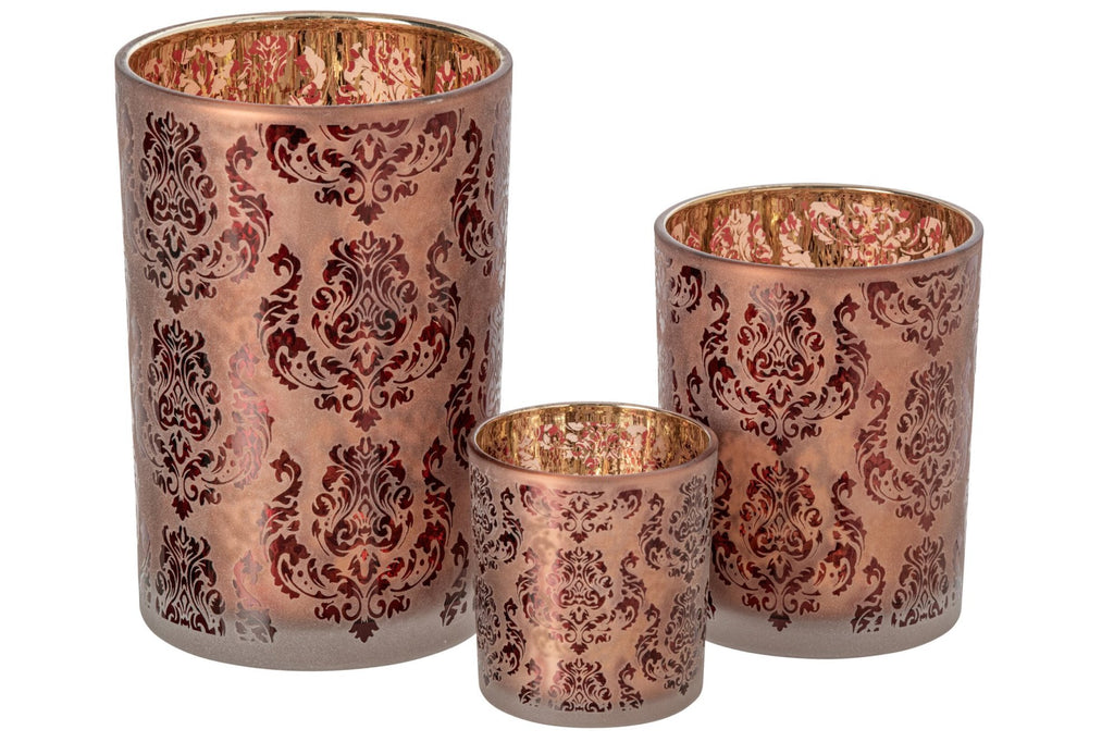 J-Line Windlicht met bloemen - glas - bordeaux/koraal - L