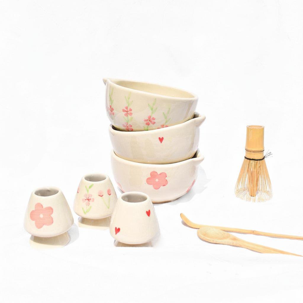 Gardehouder | Keramische handgemaakte Matcha-gardeset | Roze bloem