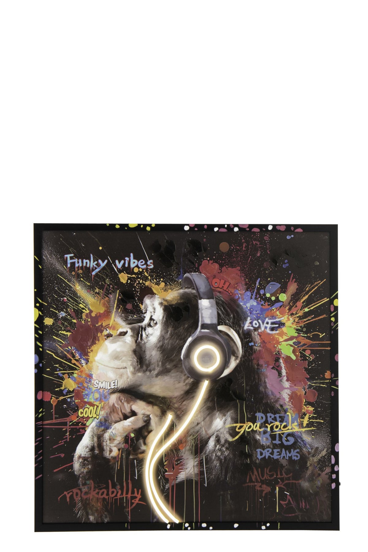 J-Line schilderij Monkey Headphone Vierkant - canvas - mix - LED
