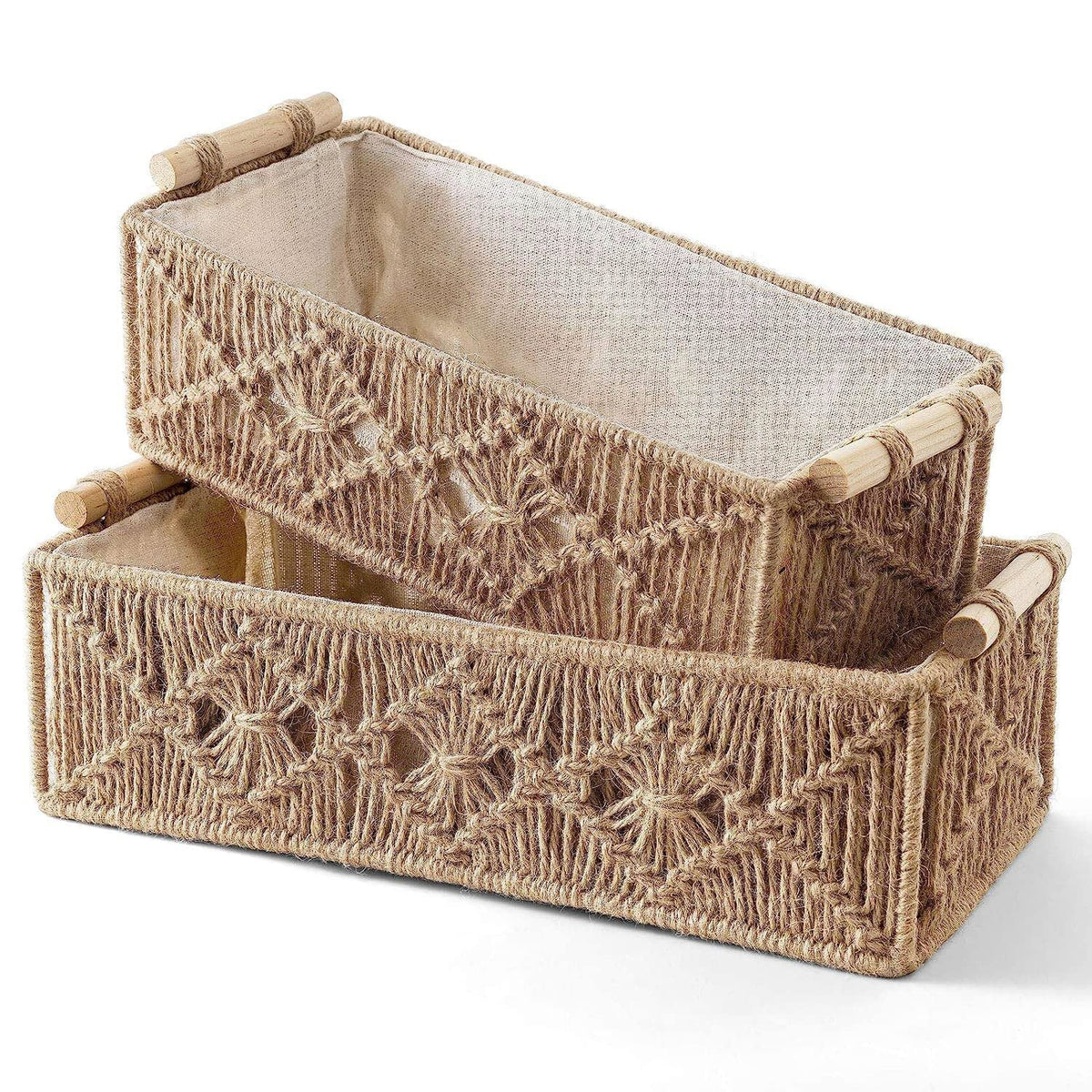 Handgeweven Macrame Opbergmanden – Gevoerd Geweven Houten Handvat - 2st
