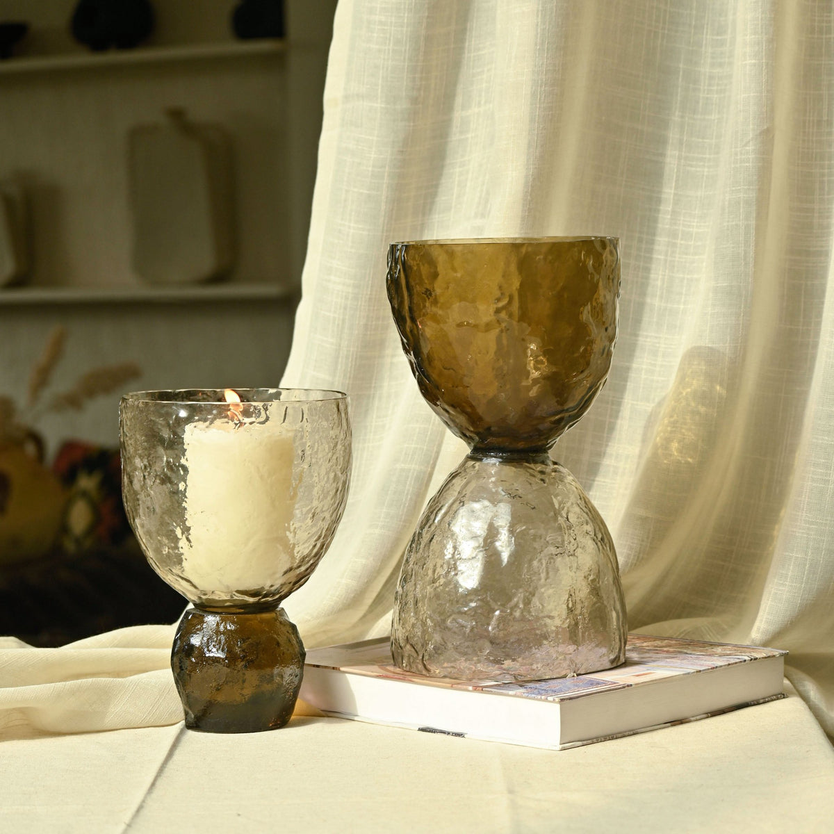 Pijlerkaarsenhouder van getextureerd glas - Omkeerbaar, tweekleurig