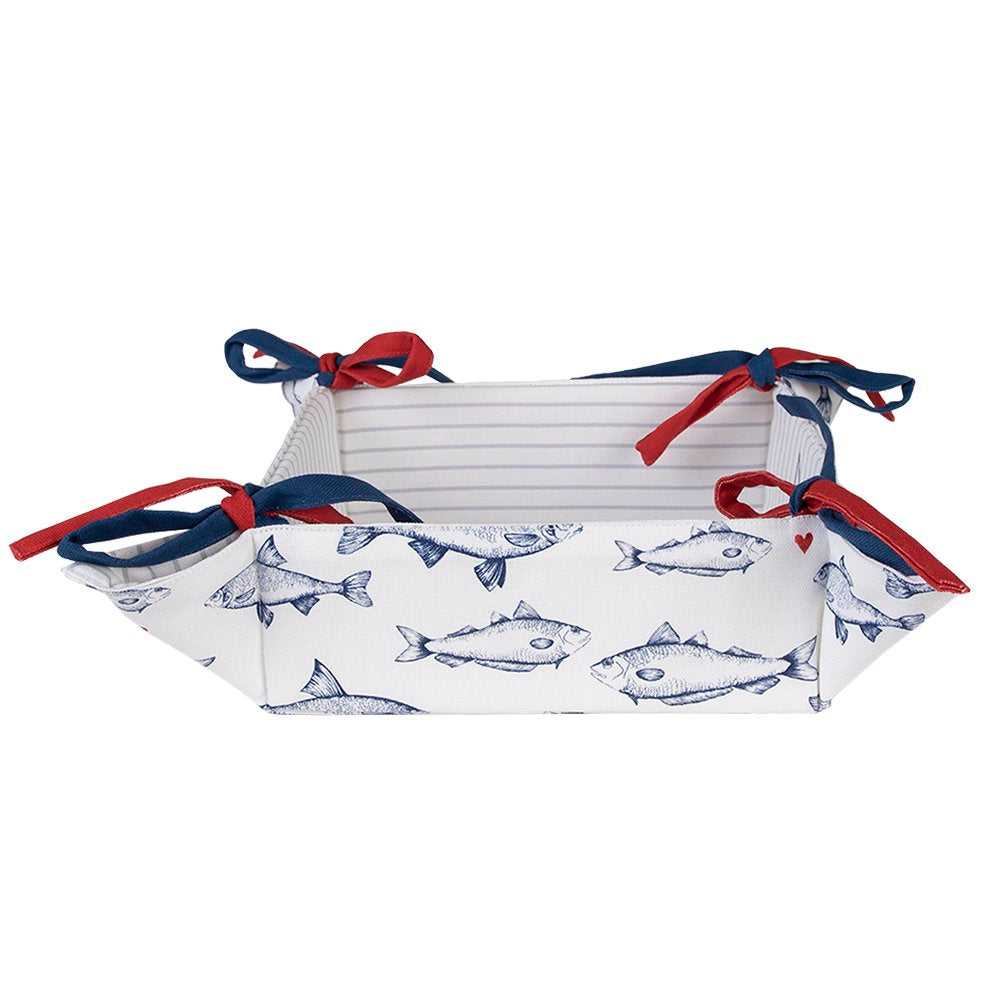 Broodmand 35x35x8 cm Wit Blauw Katoen Vissen Broodmandje