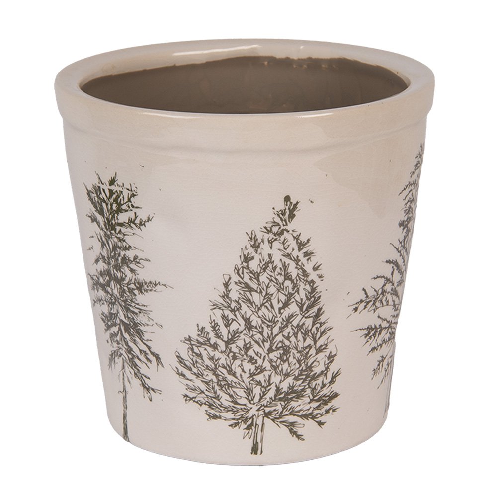 Bloempot Ø 17x16 cm Beige Groen Keramiek Dennenbomen