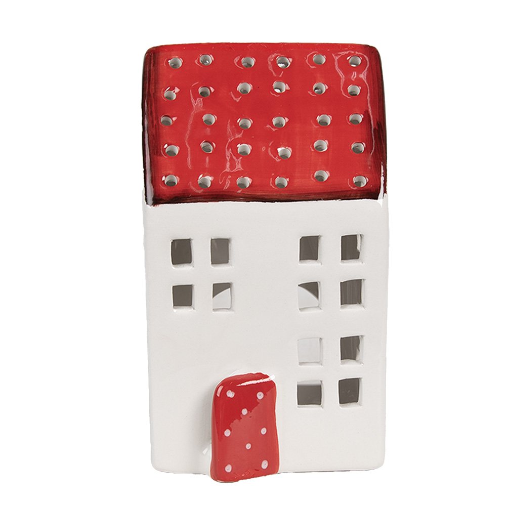 Theelichthouder Huis 8x8x15 cm Wit Rood Kunststof Waxinelichthouder