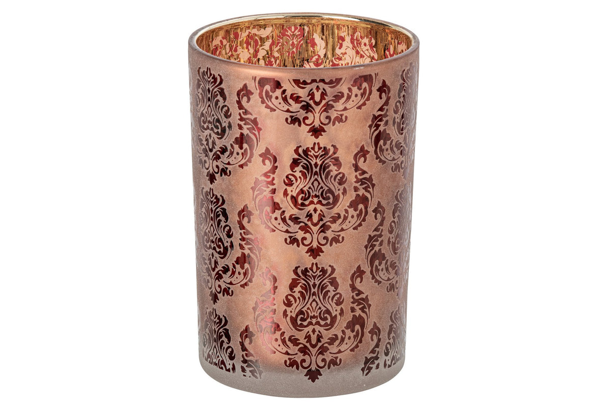 J-Line Windlicht met bloemen - glas - bordeaux/koraal - L