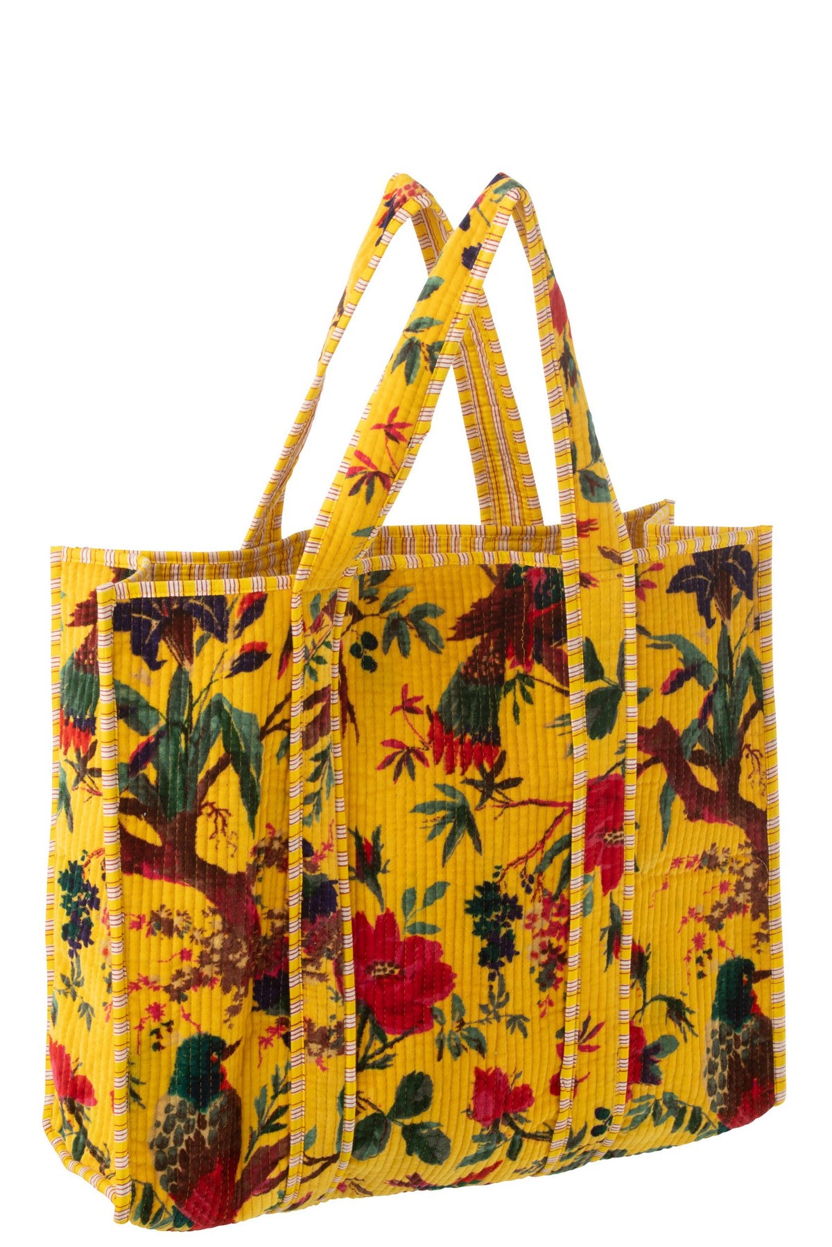 J-Line Tas Vogels/Bloemen Katoenfluweel Geel
