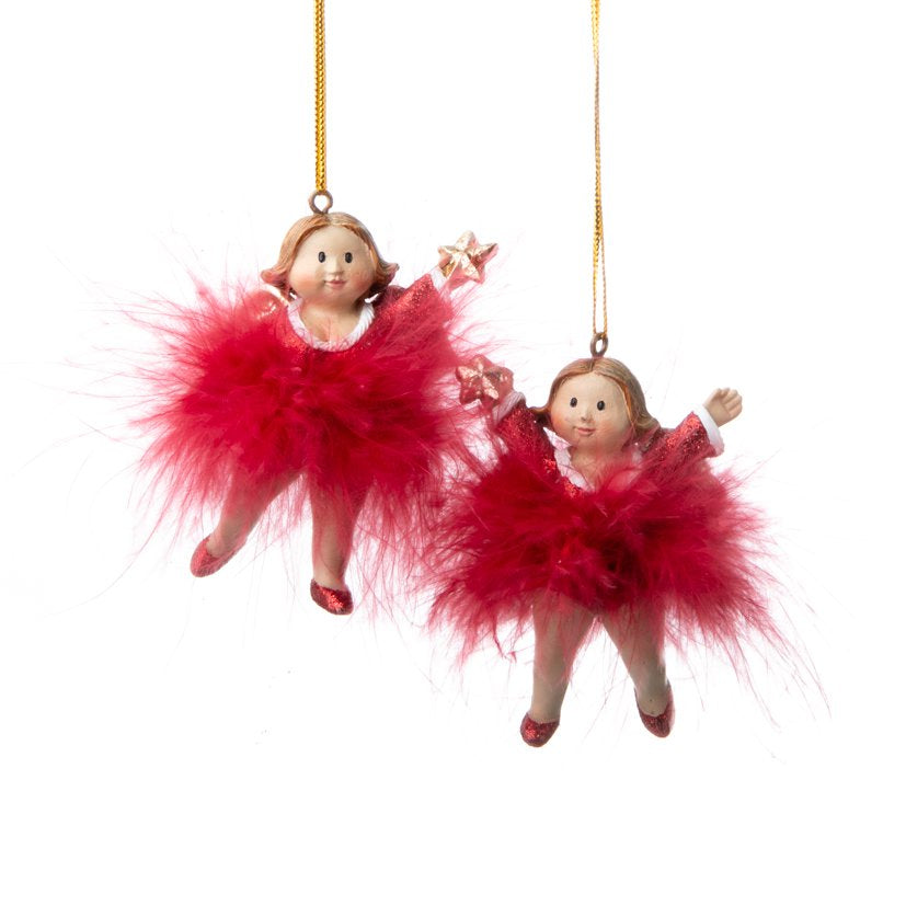 Polyresin hanger engel met veren tule 5.5x2x7cm donker rood