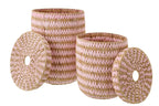 J-Line mand met deksel Gestreept - papier - naturel/roze - set van 2
