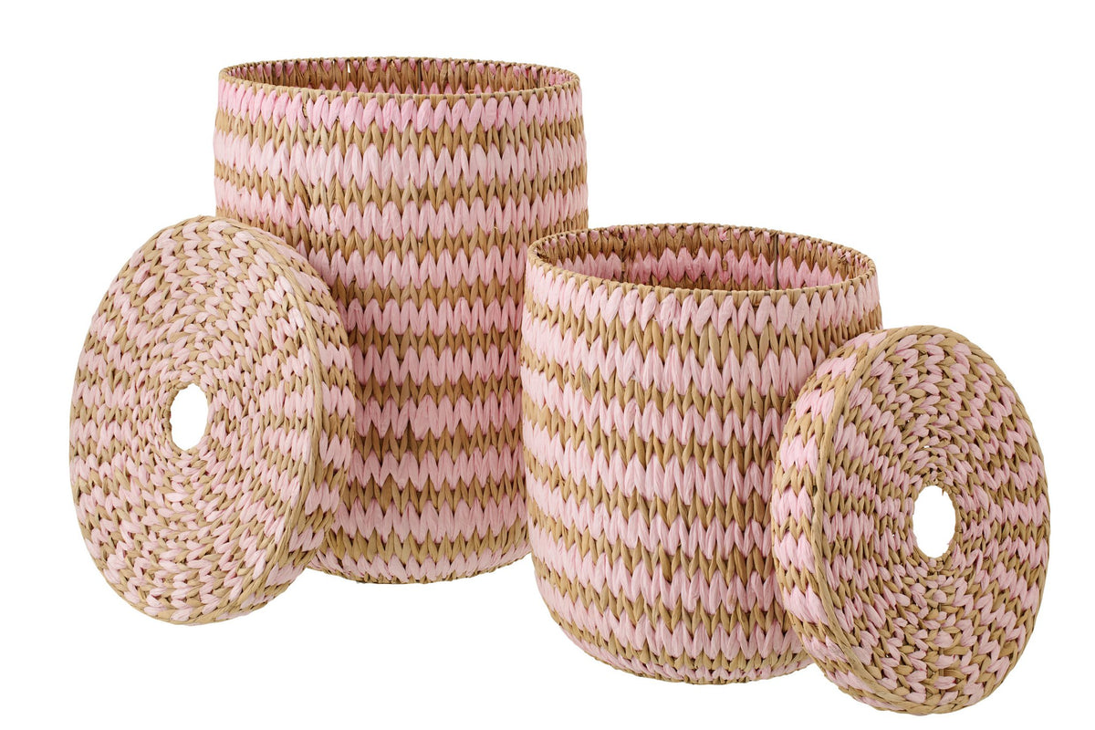 J-Line mand met deksel Gestreept - papier - naturel/roze - set van 2