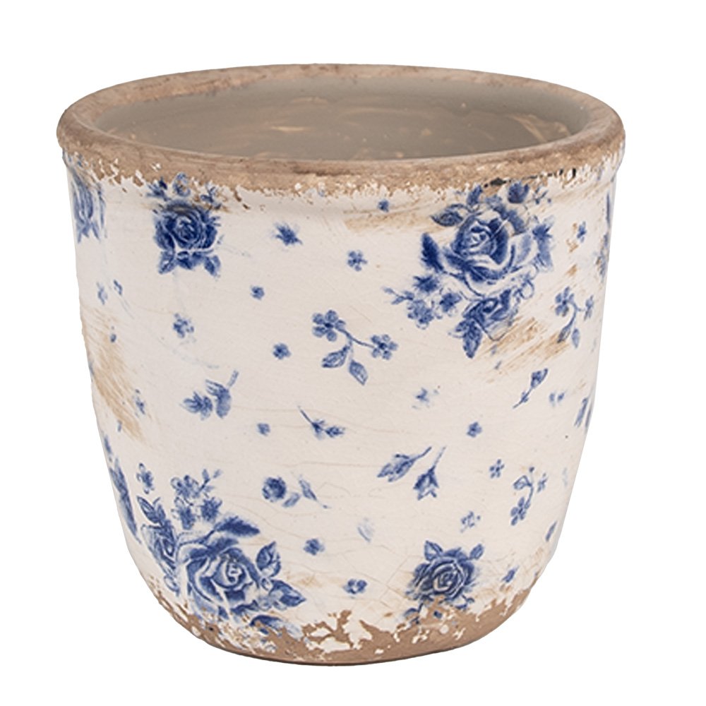 Bloempot Ø 11x10 cm Beige Blauw Keramiek Roosjes Bloempot Binnen