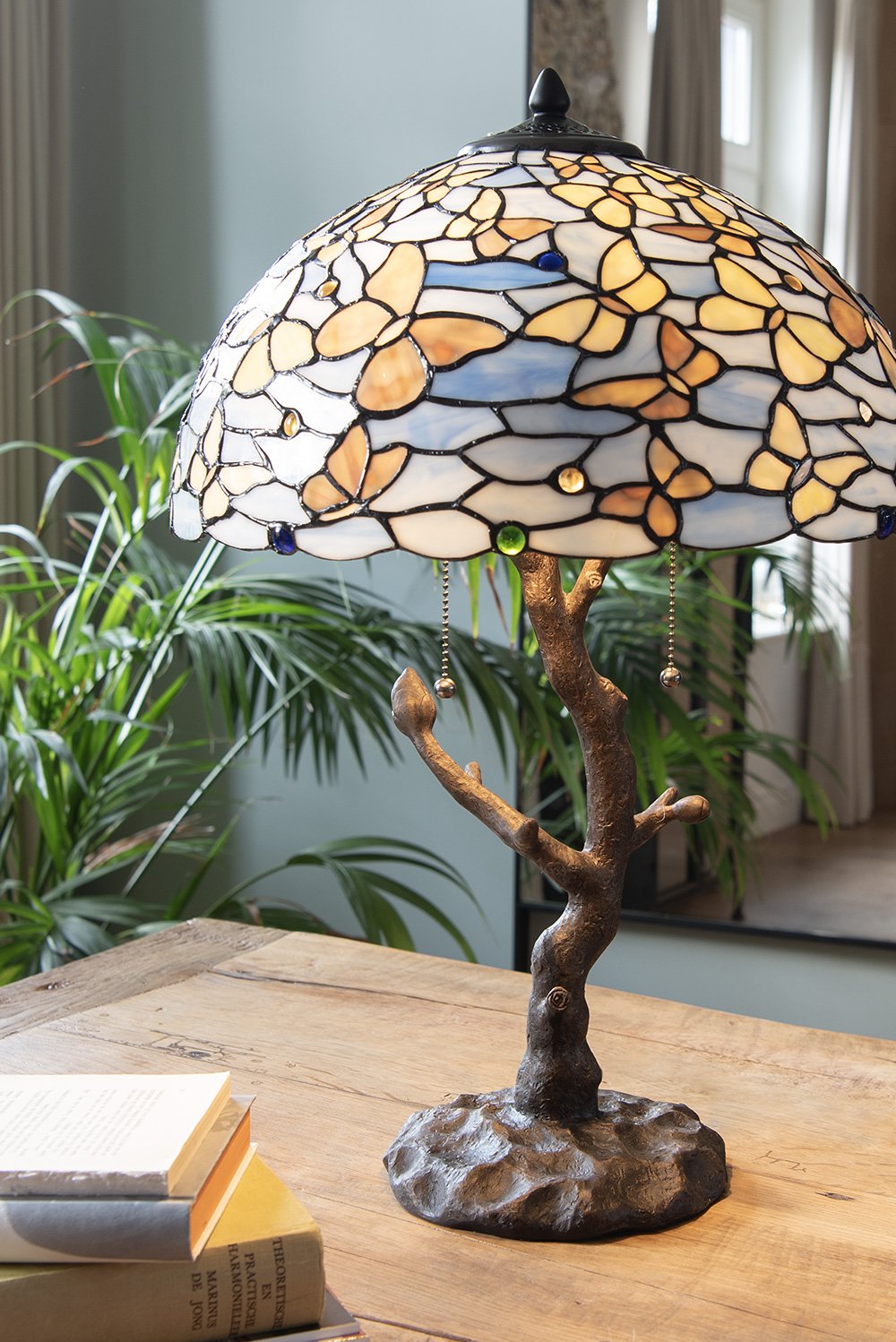 Tiffany Tafellamp Ø 40x60 cm Blauw Glas Vlinders Tiffany Bureaulamp