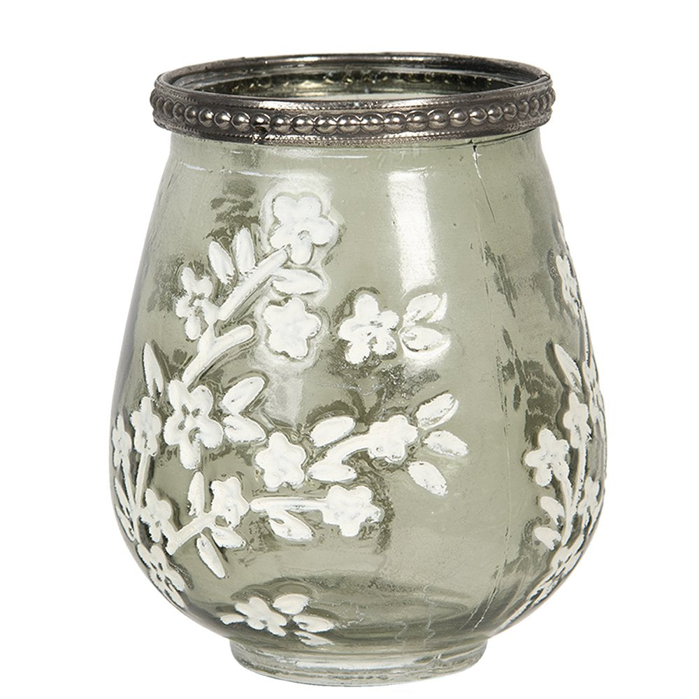 Theelichthouder Ø 9x11 cm Groen Wit Glas Bloemen Waxinelichthouder