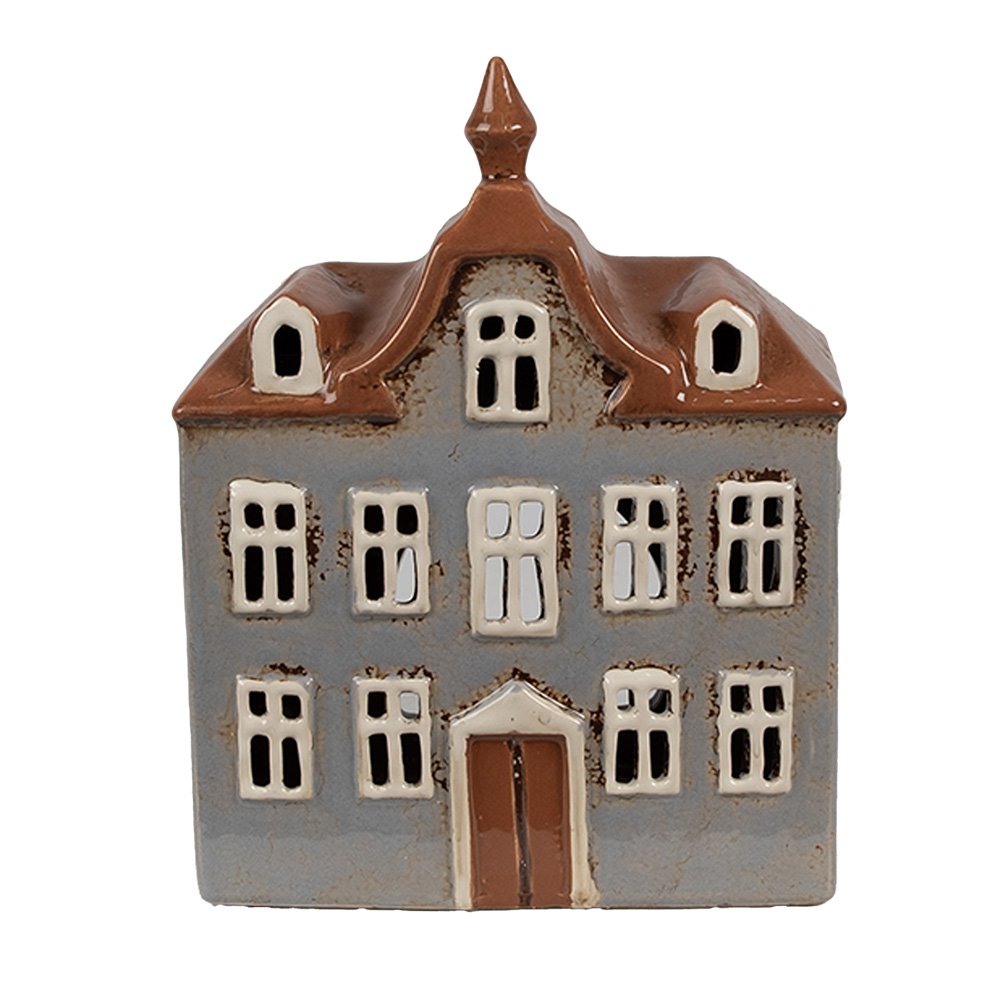 Waxinelichthouder Huis 16x9x20 cm Grijs Bruin Keramiek Theelichthouder