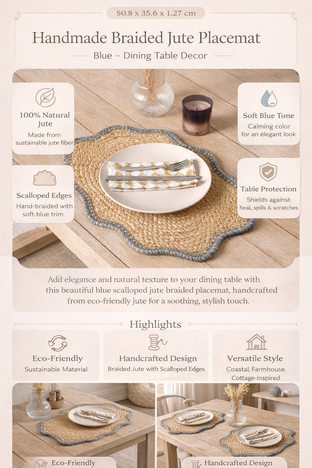 Handgemaakte gevlochten jute placemat – blauw – eettafel decor