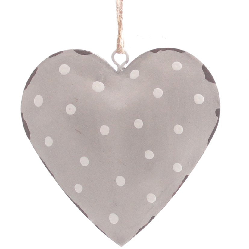Metalenhanger hart met witte stippen 7x7cm grijs