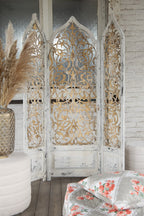Kamerscherm Wit Goudkleurig, Hout 124x3x186 cm