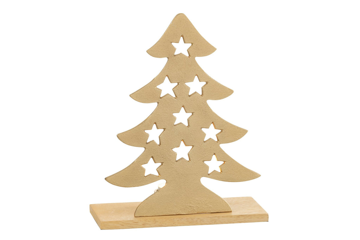 J-Line theelichthouder Kerstboom - aluminium/hout - goud - large