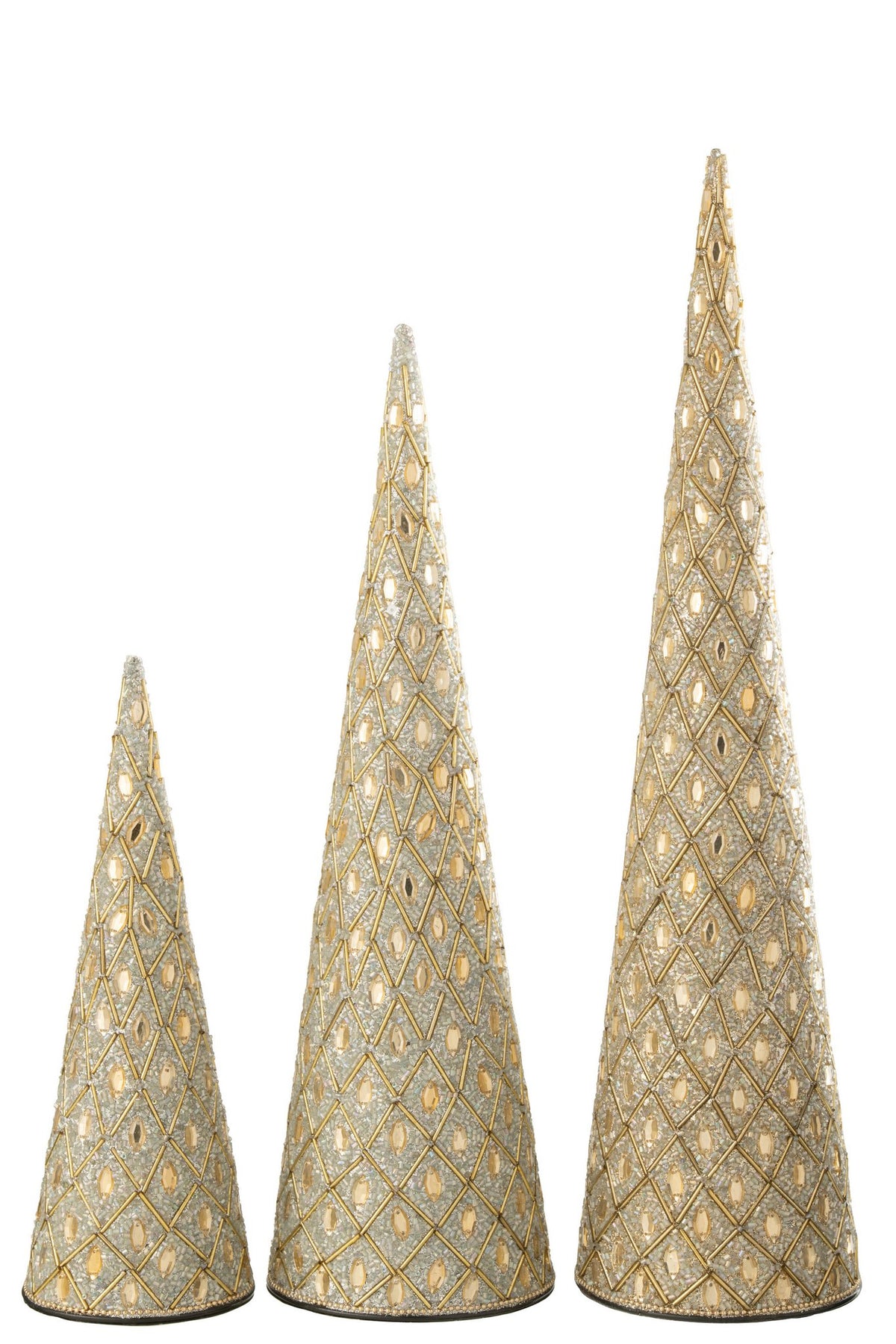 J-Line decoratie Kegel - ijzer/kralen - wit/goudkleurig - set van 3