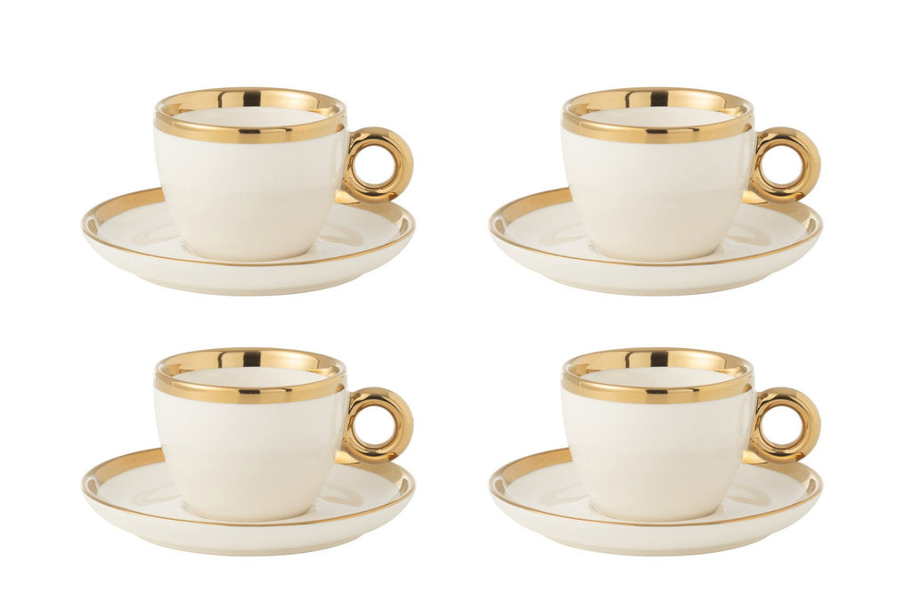 J-Line Doos Van 4 Kopjes+Schotel Keramiek Wit/Goud