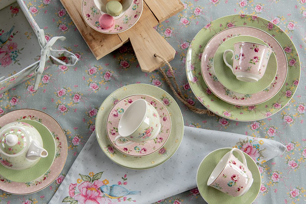 Kop en Schotel 250 ml Roze Porselein Bloemen Servies