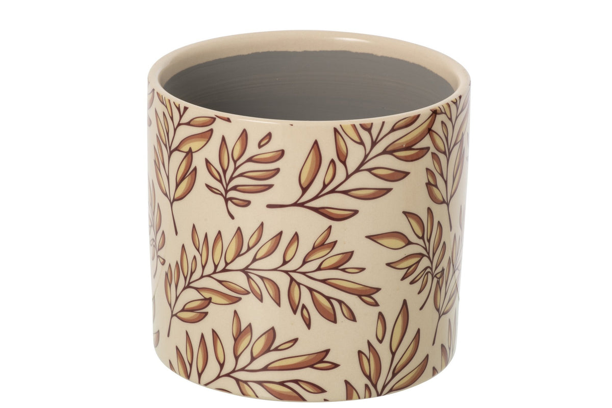 J-Line Bloempot met bladeren - keramiek - ecru/bruin - large