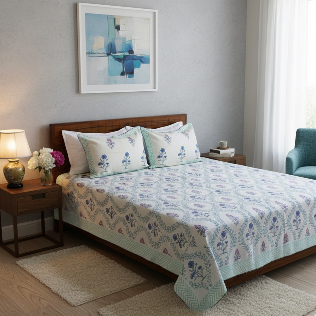 Laken | Handblok Lotus Garden Indigo & Blush | 3-delige set