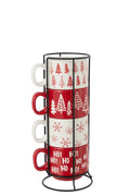 J-Line kop Kerstmis Dolomiet - keramiek - rood/wit - set van 4